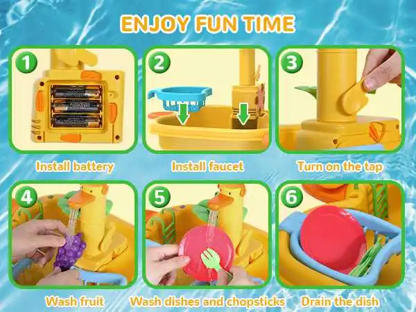 Fregadero de juego con agua corriente para cortar comida, juego de rol 2 en 1, fregadero de cocina, juguetes, piscina, juego de pesca flotante para niños pequeños, amarillo