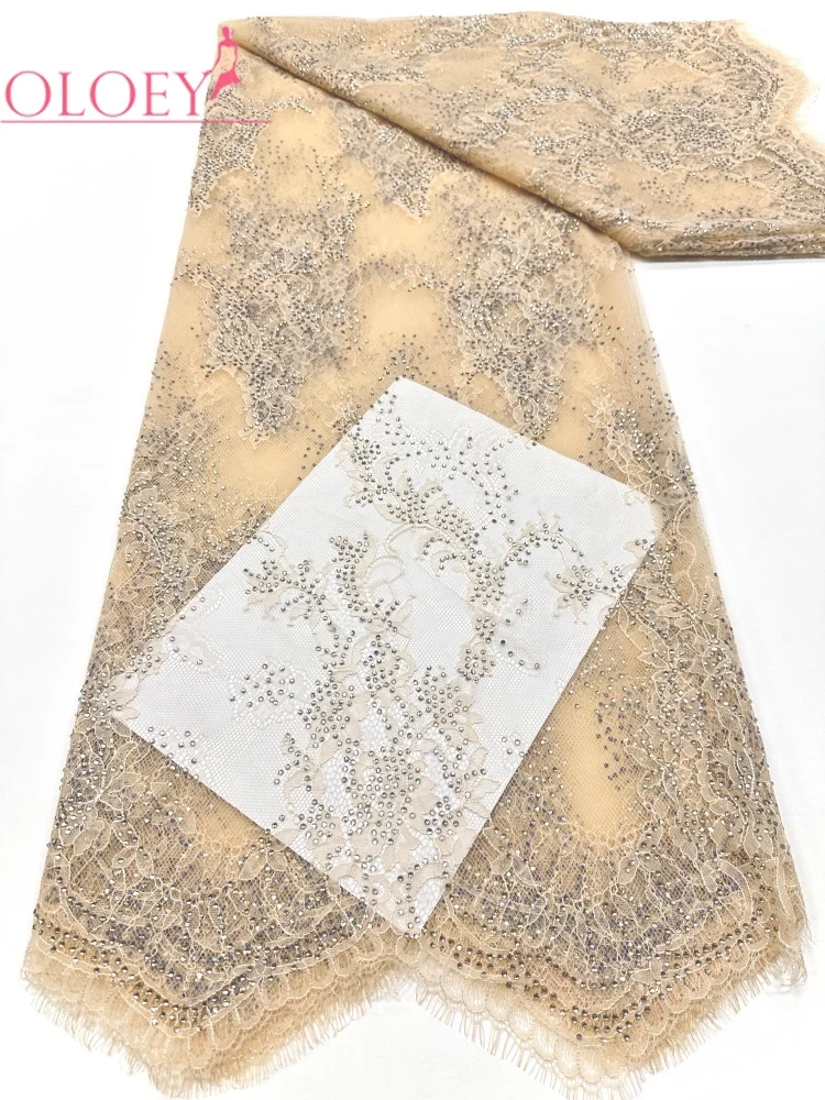 OLOEY   African Beaded Sequins French Tulle Lace Fabric High Quality Luxury For Women Wedding DIY Sewing Trim Dress 3 Meters