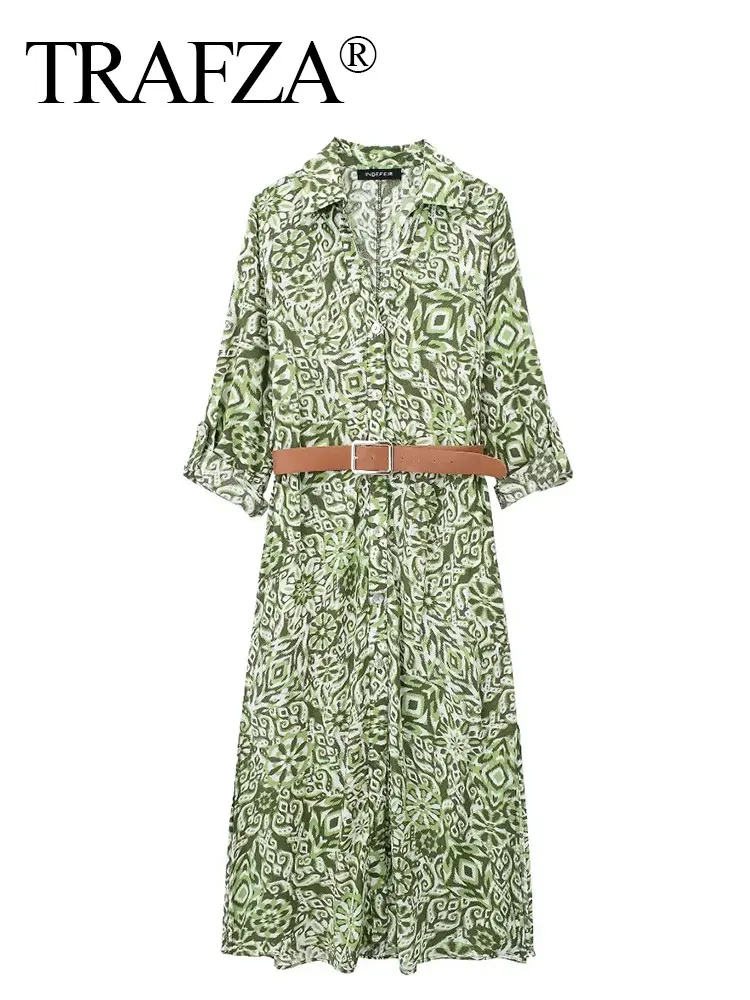 TRAFZA Women Fashion Floral Print Dress Vintage Long Sleeve Button Shirt Dress With Belt Summer Female Midi Dresses Streetwear