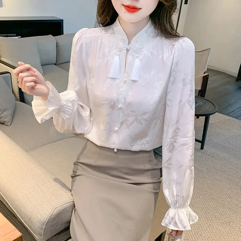 Women's Loose Long-Sleeved Button-Up Jacquard Shirt Chinese Modified Style Spring Autumn Base Layer Inner Wear Female Top 2026