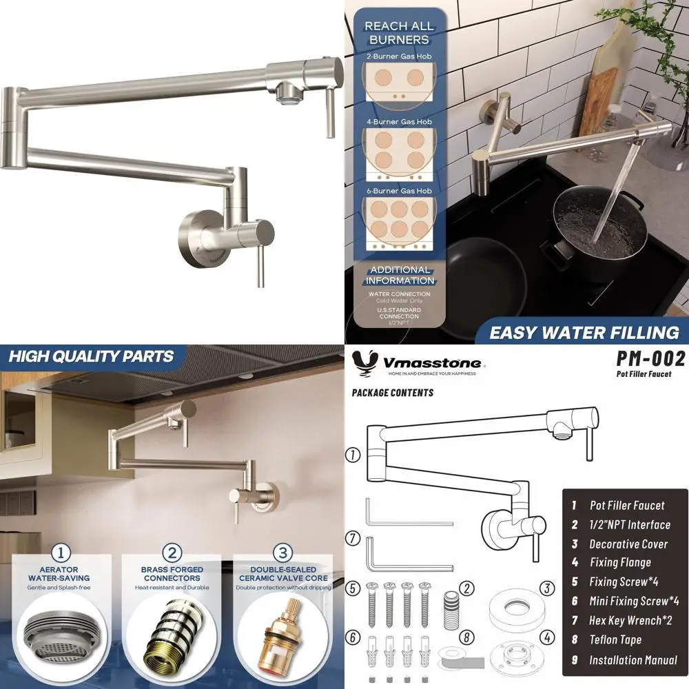 

Commercial Grade Wall Mount Pot Filler Faucet in Brushed Nickel, Dual Swing Arms, Lead-Free Brass, Modern Design with 2 Handles