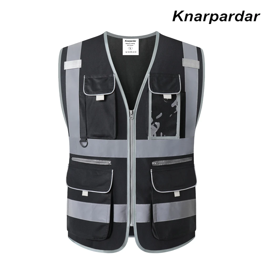 Knarpardar 9 Multi-Pockets Black Safety Vest Reflective with Pockets and Zippers Construction Reflective Work Vest For Men