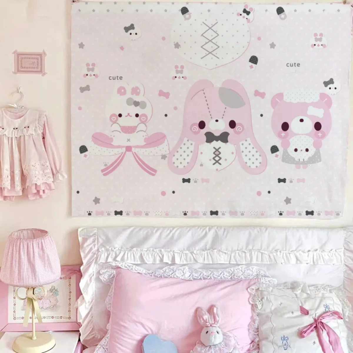Sweet Y2K Pastel Bunny Bear Tapestry Bow Bandage Doll Pattern Wall Cloth Aesthetic For Teen Girls Room Home Wall Decor