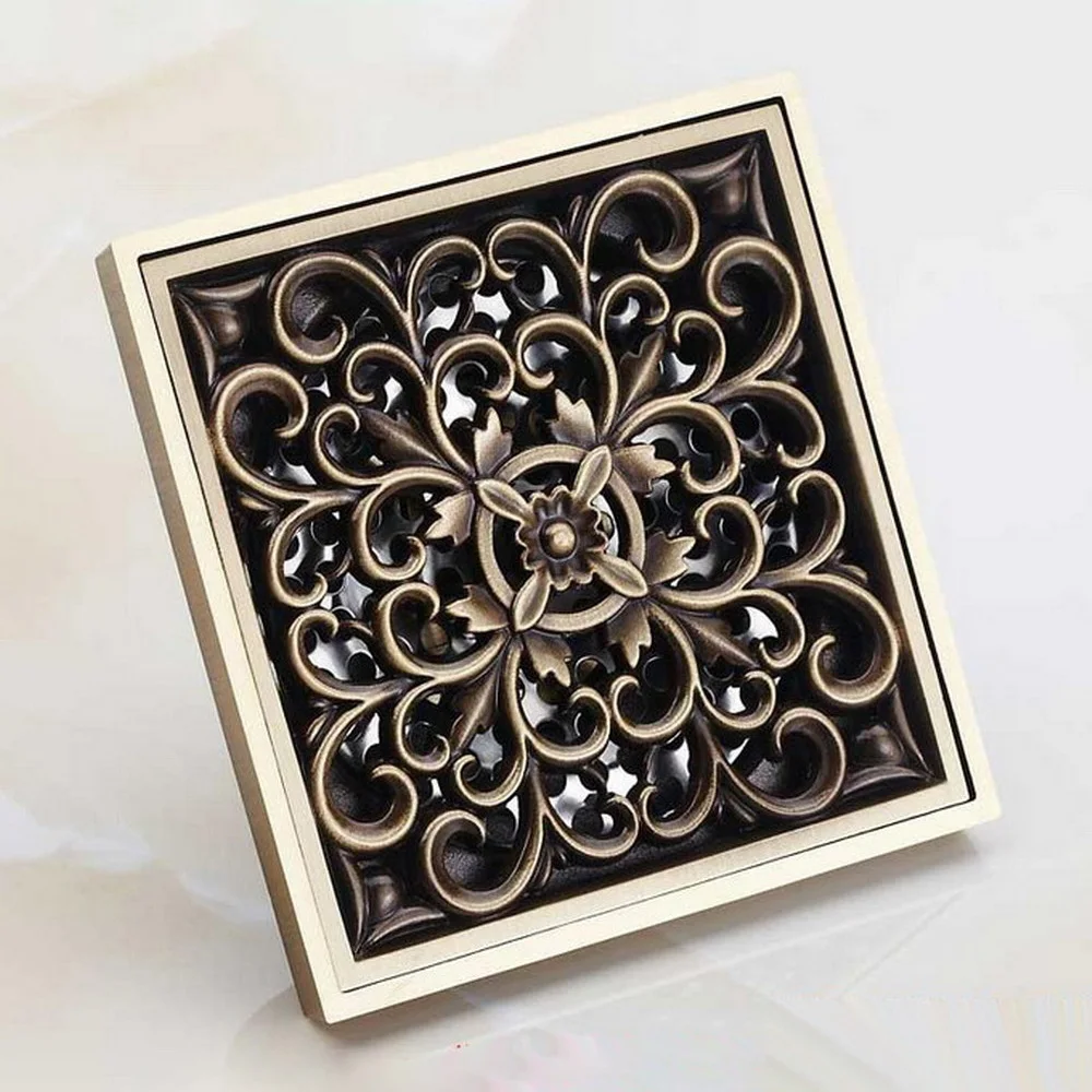Antique Bronze Brass Floor Drains Art Flower Carved Bathroom Shower Square Strainer Waste Grate Floor Drain Khr013