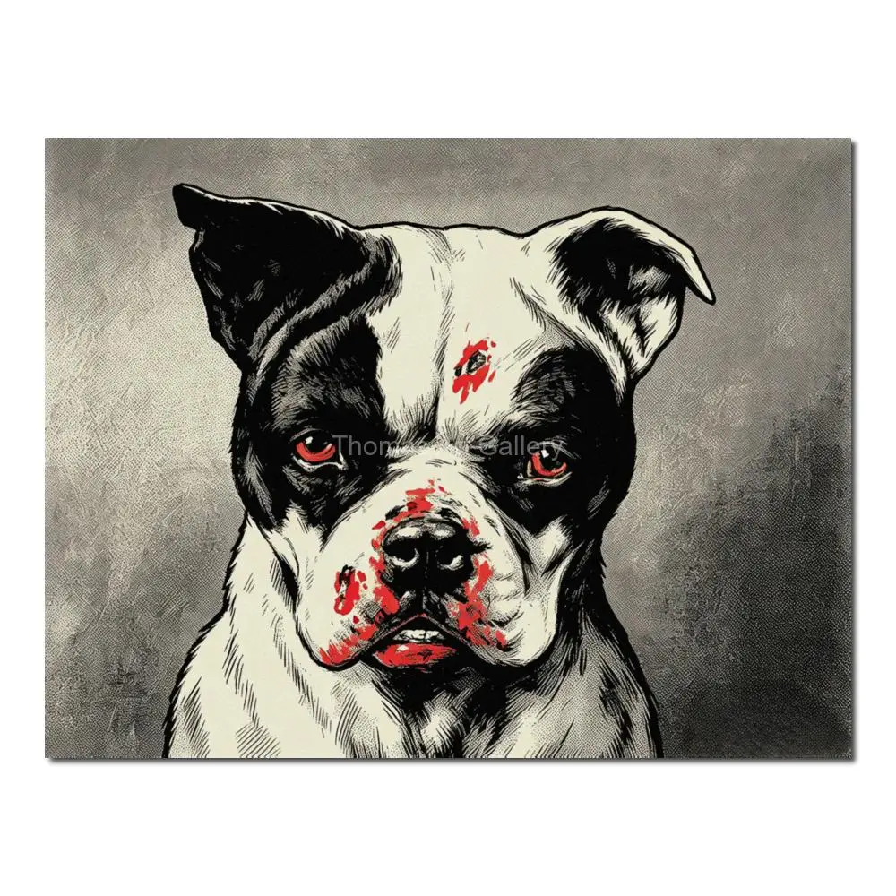 Black and White Pit Bull Canvas Print Bad Dog Modern Portrait Animal Wall Art for Apartment Studio Bar Decor