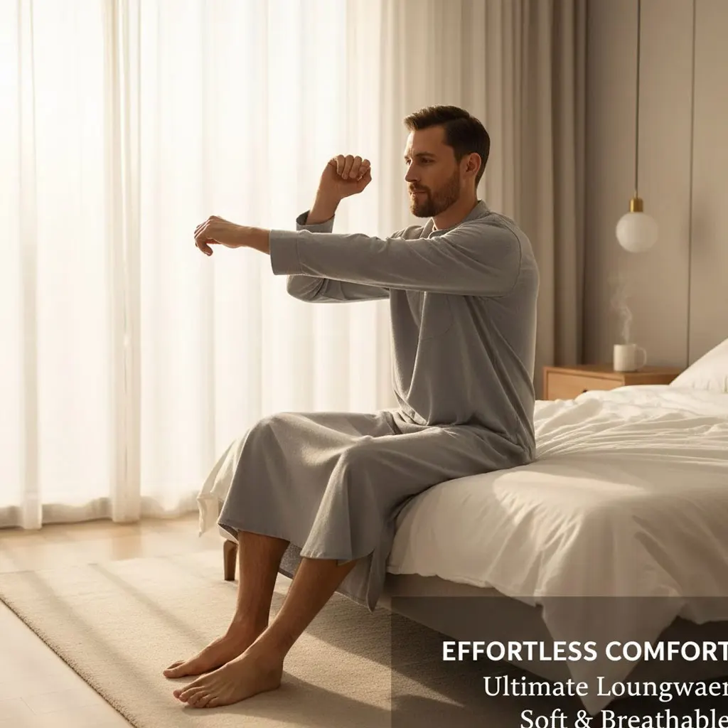 

Muslim Mens Solid Color Long Sleeve Button Kaftan Robe Shirt Traditional Arabic Nightgown for Daily Wear