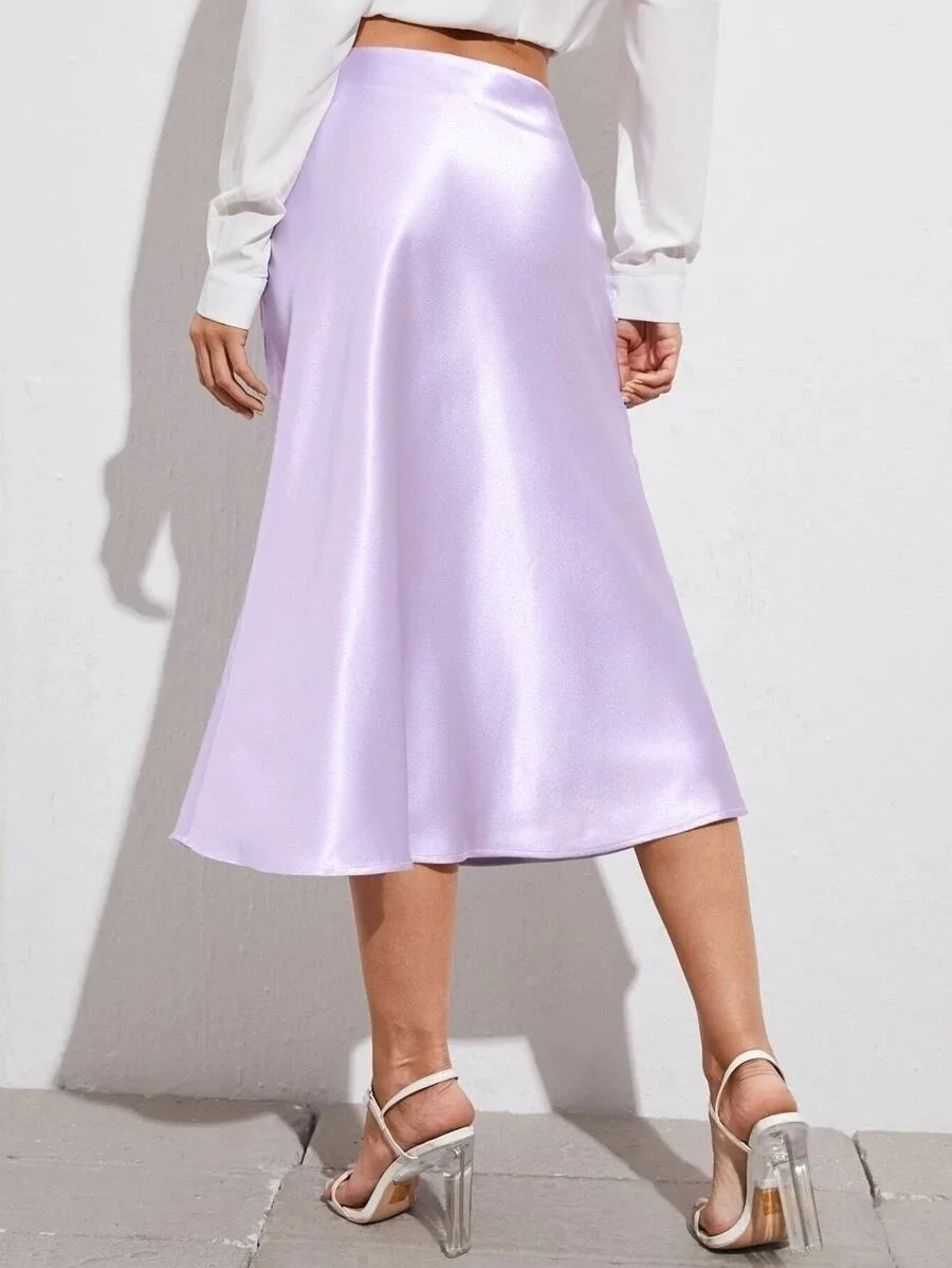 

High Waist Silk Satin Midi Skirt Spring Summer Women's Fashion Zipper Polyester A-Line Skirt Commute Style Casual Wear