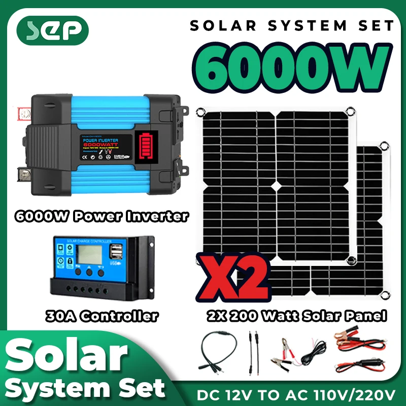 Sistema Solar para Casa Kit Completo Solar 110v 220v 6000w Inversor 5v Painel Solar 30a Controlador Sistemas de Energia Banco de Potência do Carro