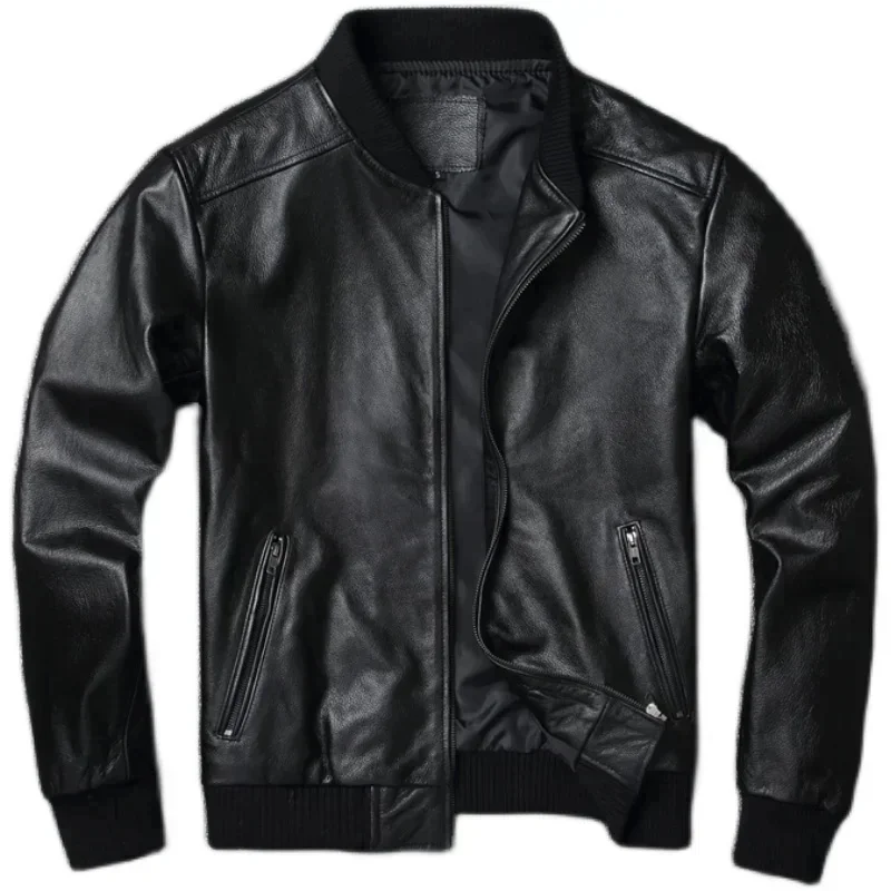 Genuine Cowhide Leather Jacket Men Baseball Coat Quilted Mens Slim Collar Short Large Size Spring Autumn