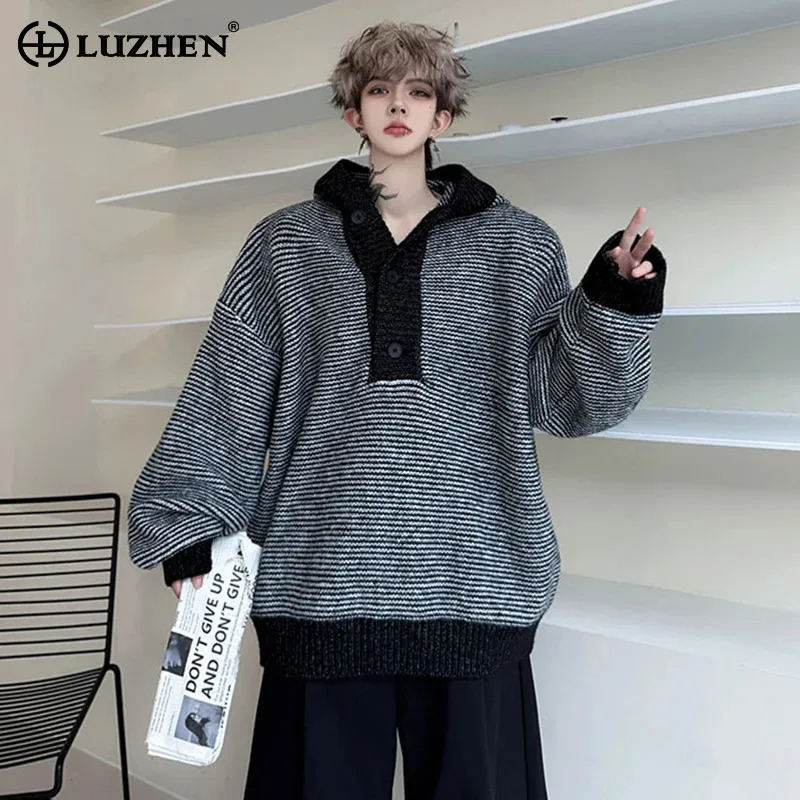 

LUZHEN 2025 Winter New Color Contrast Neck Stripe Printed Hooded Knitted Pullover Men's Fashion Loose Handsome Sweater JY4987