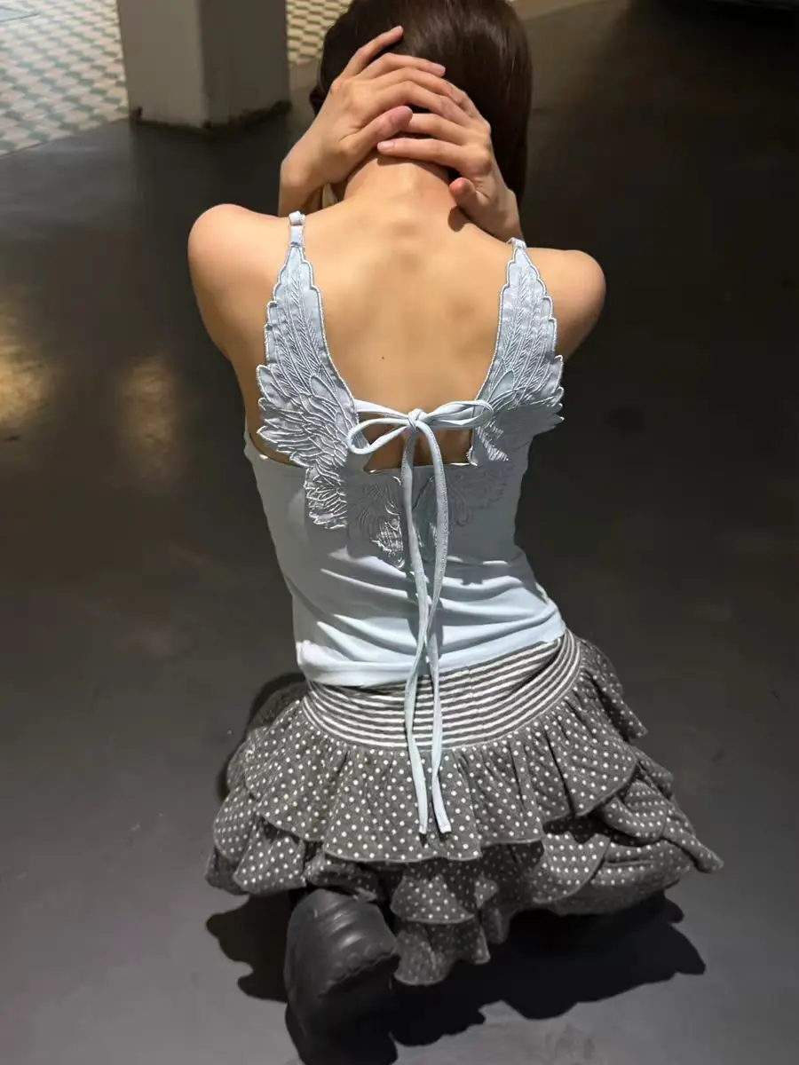 New Y2K Women's Streetwear Angel Wings 2026 Sexy Retro Halter Vest Light Blue 3D Embroidered Camisole Fairy Camisole Top