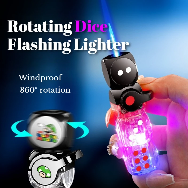

Metal Personalized Trendy Dice Flashing Light Inflatable Transparent Windproof Blue Flame Lighter Toy Men's Cigarette Lighter