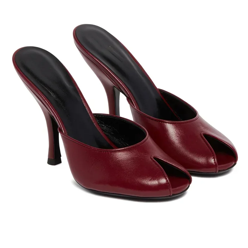 

V Peep Toe Slip On Slippers Sexy Round Toe Matte Leather Stiletto Customized New Arrivals Fashion Women Modern Shoes