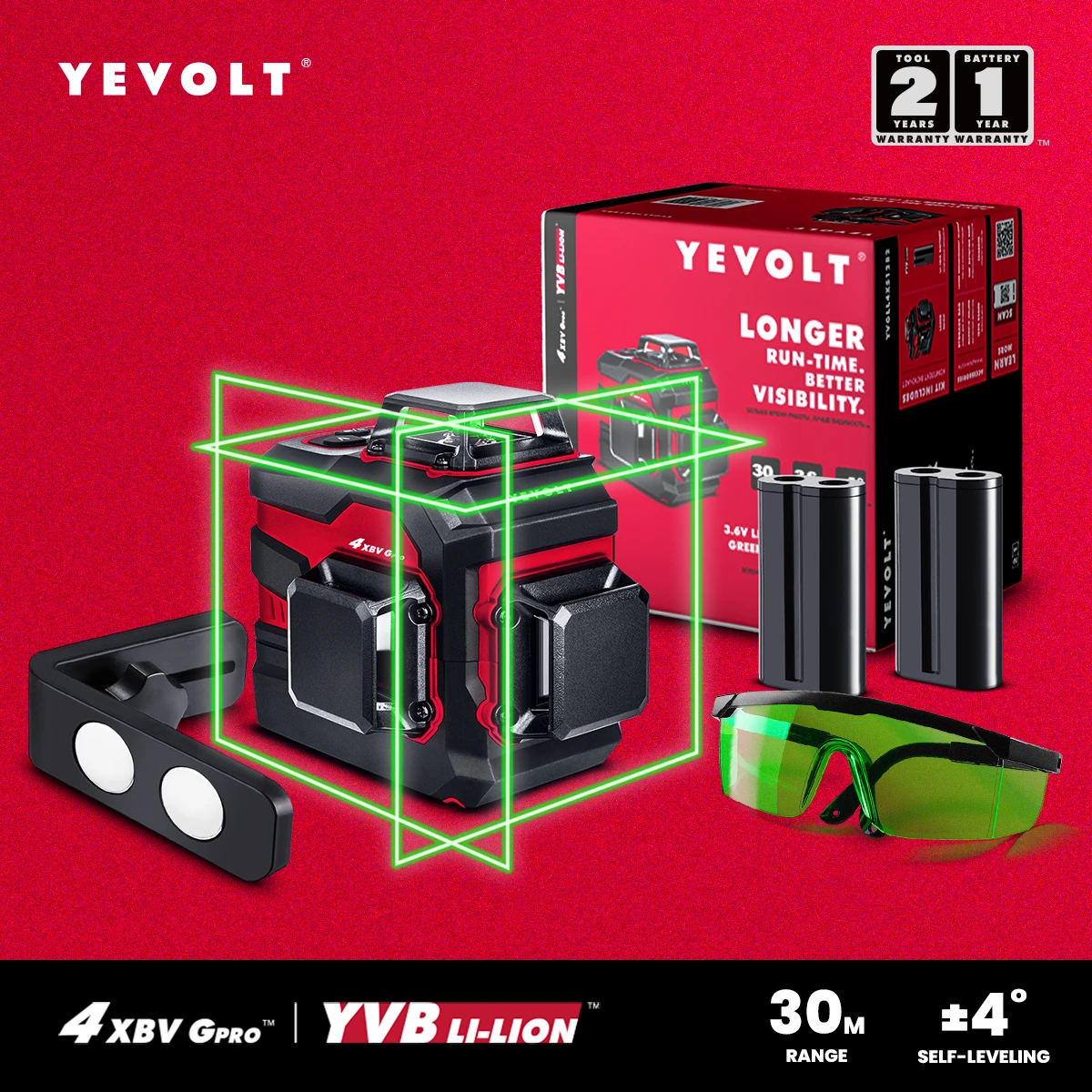 YEVOLT YVGLL4XS12 12-Line Multi-Plane Cross Line Laser Level Auto-Leveling Worksite&Home Dual-Power Ultra-Precise 30m Range