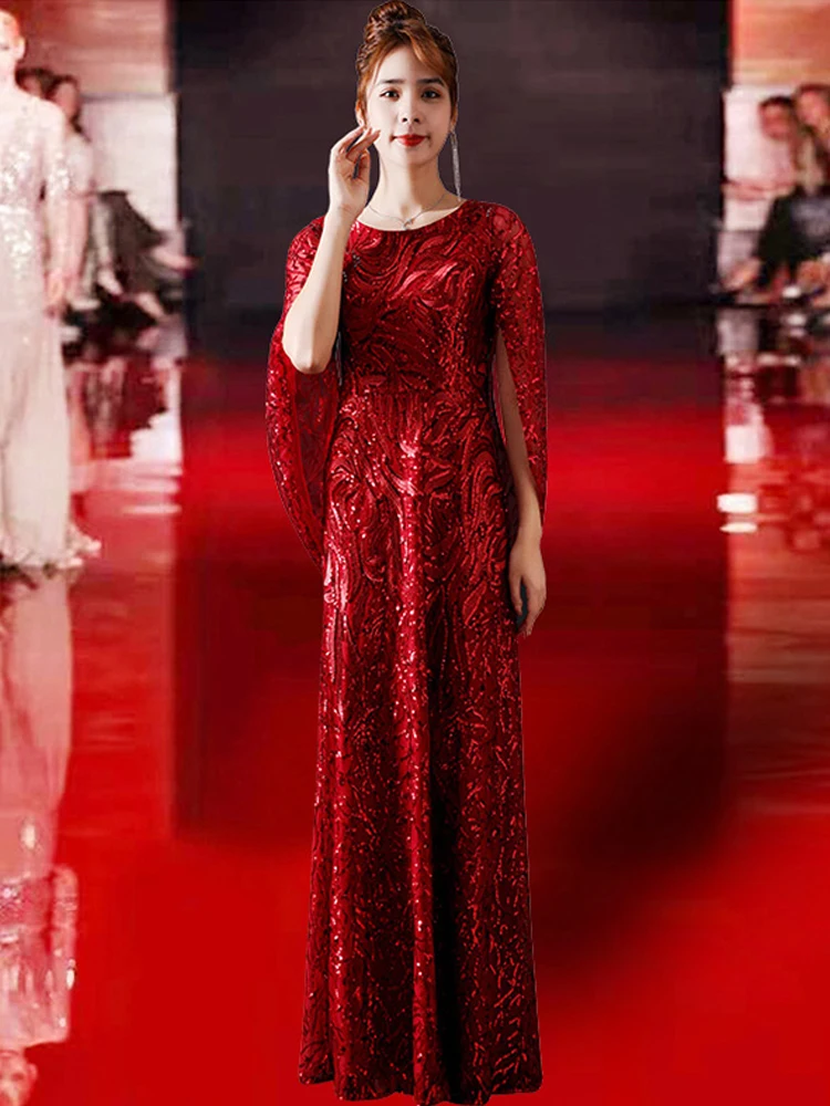 Wine Red Mother Of The Bridal Dresses Long Elegant Scoop Neck A-Line Floor-Length Shiny Sequin Wedding Party Gowns 2023