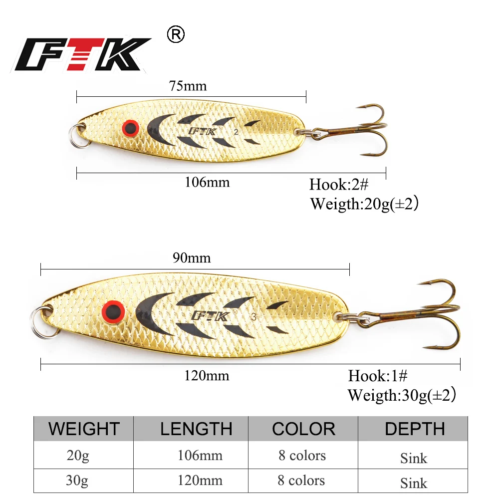 FTK Spoon for Pike Fishing Lure Metal Spinner Spoon Bass Trout 20g 30g Noise Paillette Artificial Bait hard Sequins Spinner