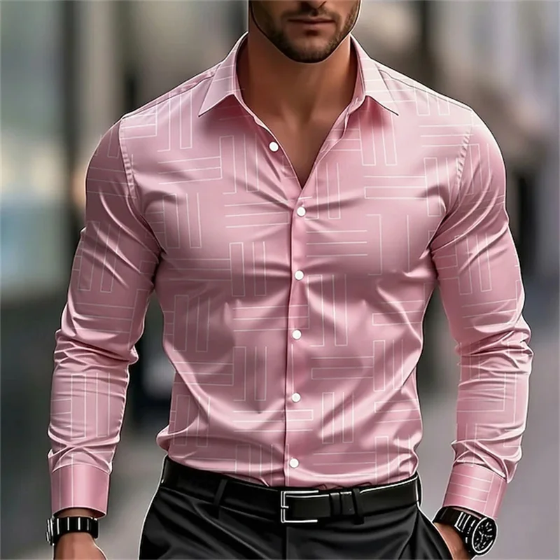 

New men's plaid long-sleeved stylish casual vacation collar button-down shirt, pink and blue, fast shipping.
