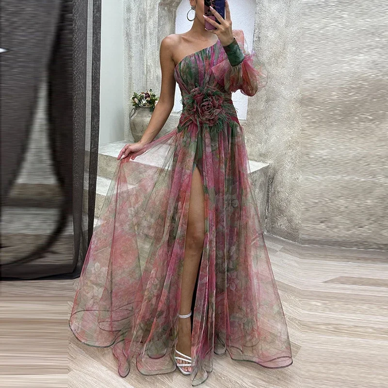 Sexy Contrasting Color Flower Print Party Dress Women Fashion One Shoulder Sleeve Long Dresses For Women Evening Robe