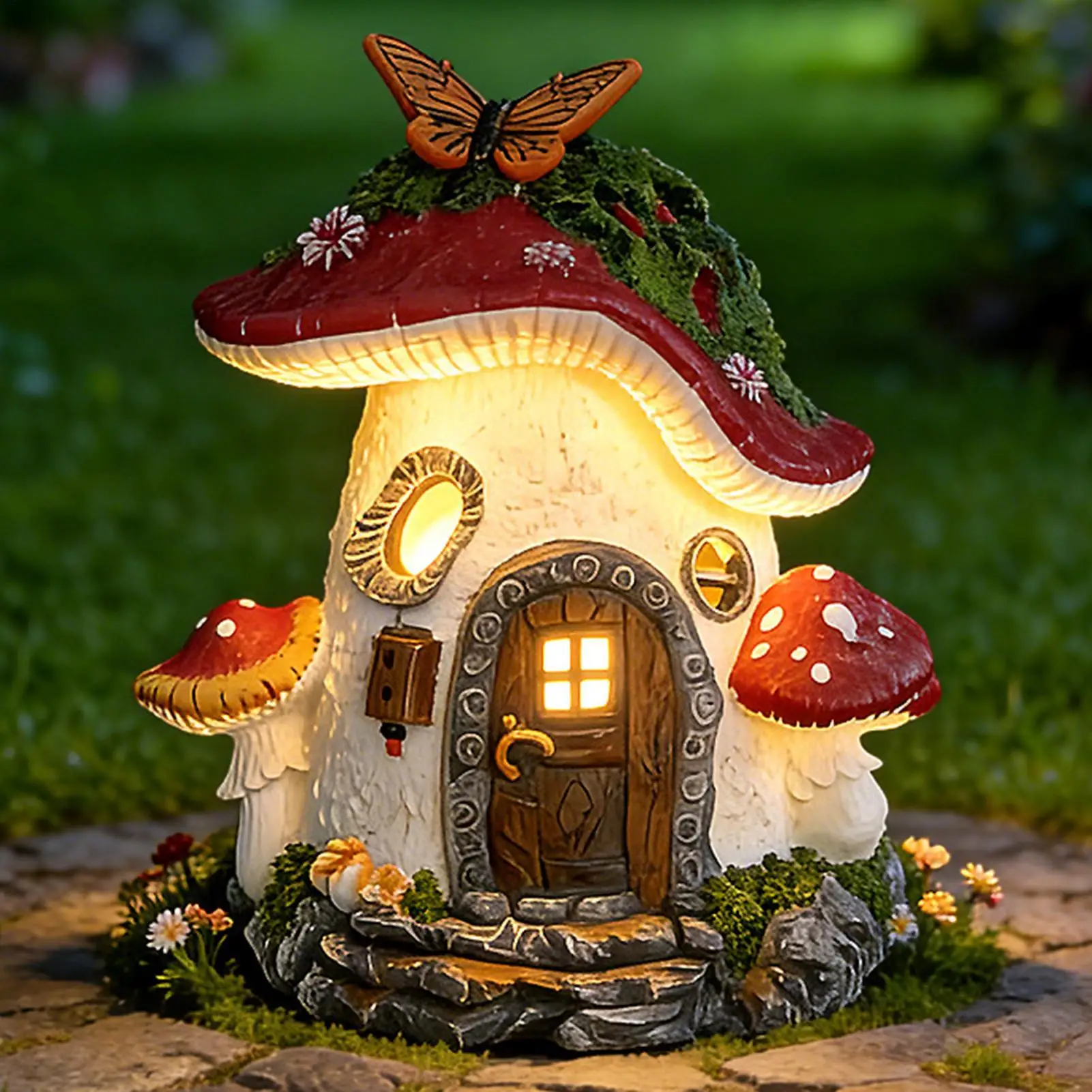 Solar-Powered Illuminated Mushroom House Cute Resin Solar Light Fairy Houses mini Landscape Gnome Terrarium House Castle