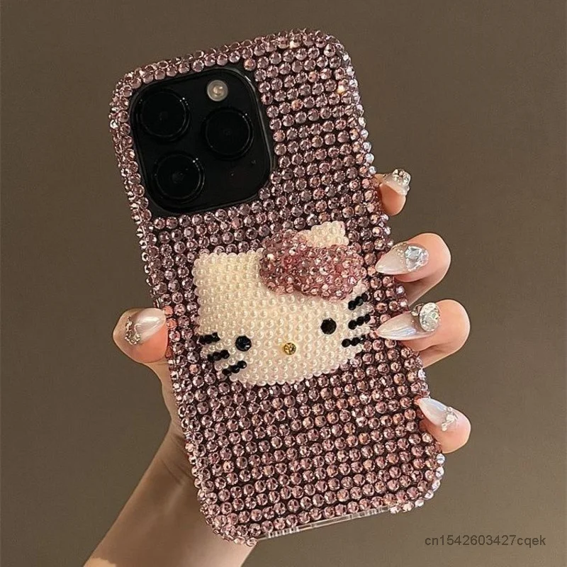 Sanrio Hello Kitty Full Pink Rhinestone Luxury Phone Cover For Iphone 12 13 14 15 Pro Max Korean Fashion Protecive Case Apple 11