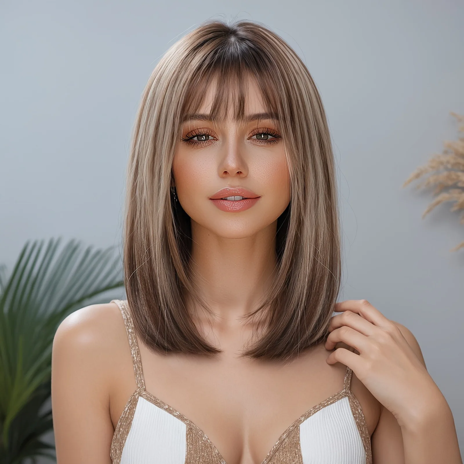 باروكة شعر مستقيمة أنيقة، 40.64 سم، باروكة صناعية متدرجة ذهبية شامبانيا، جذور شعر سوداء بنية، ألياف تتحمل درجات الحرارة العالية، l