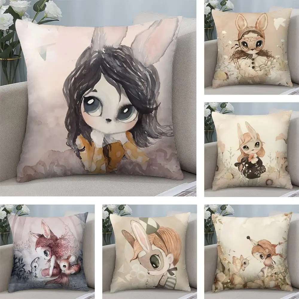 

Cute Beige Rabbit Girl Cushion Cover Short plush Double-sided Print Square Throw Pillow Covers Sofa Home Cushion Decor