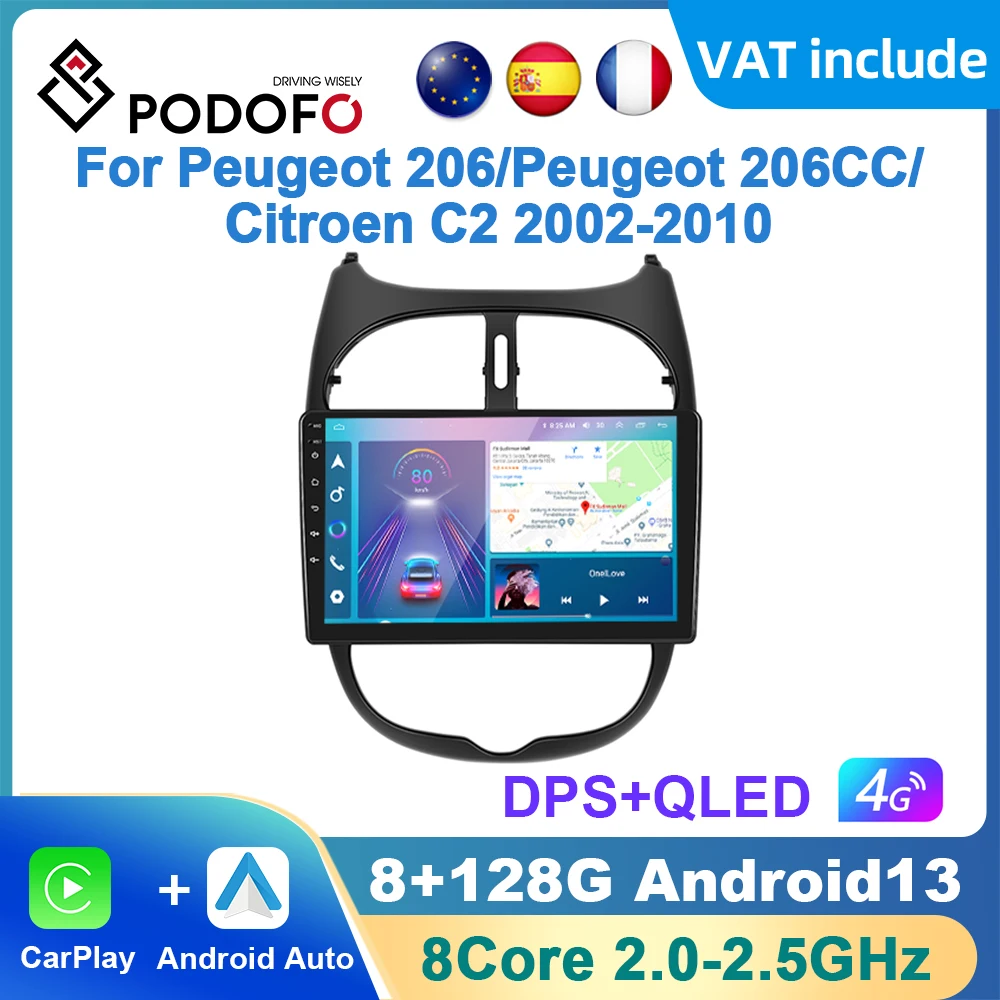 Podofo Car Radio For Peugeot 206 206CC 206SW 2001-2008 Carplay Android Auto Car Multimedia Player Navigation WIFI Stereo