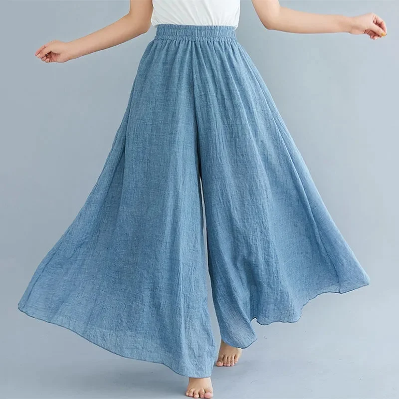 

Women Fashion Summer Cotton Linen Loose Wide Leg Pants Pleated Trousers Elastic Waist Loose Casual Pants
