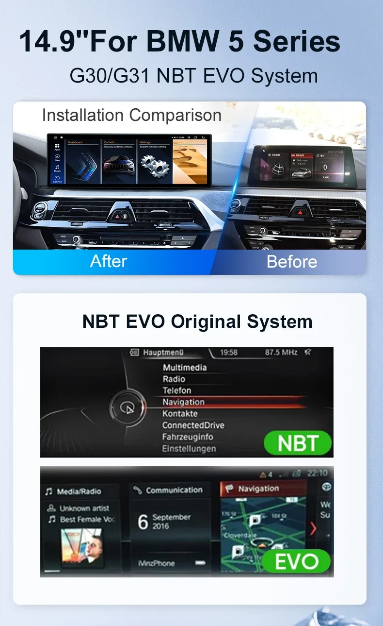 

14.9 Inch Screen For BMW G30 G31 5 Series EVO Car Multimedia Video Player GPS Navigation 4G Wireless Carplay Android Auto Stereo