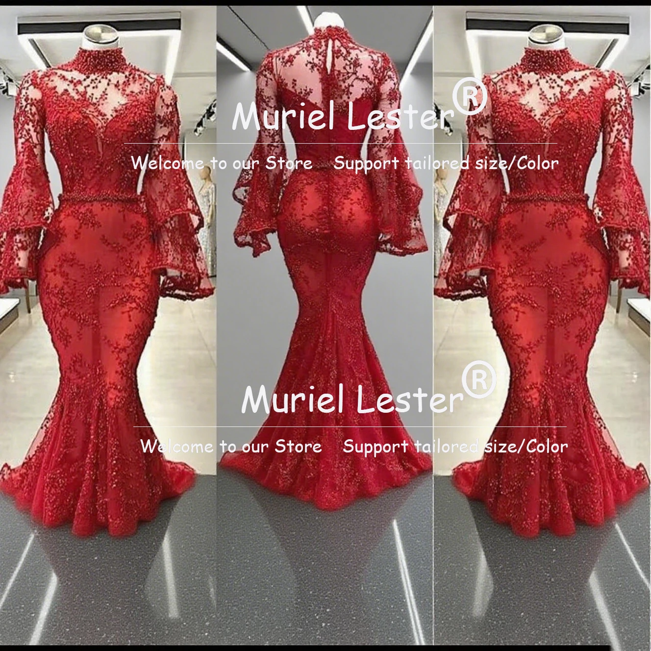 Unique Design High Neck Lace Prom Dresses For Bride Puffy Long Sleeves Mermaid Evening