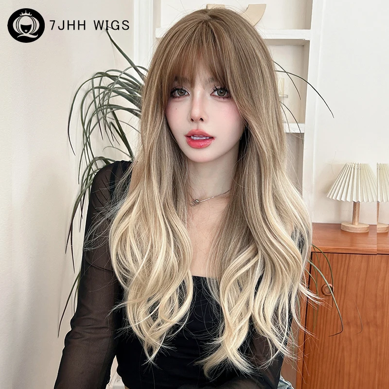 7JHH WIGS Costume Wig Synthetic Body Wavy Brown Ombre Blonde Wig with Bangs High Density Layered Wig for Women Beginner Friendly