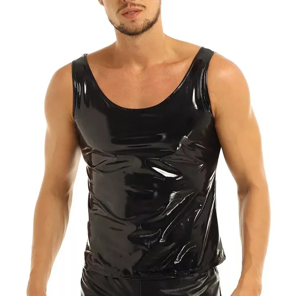 Mens Wet Look PVC Patent Leather Slim Undershirt Tank Tops Round Neck Vest Summer Sleeveless Fitness T-Shirt Male Top