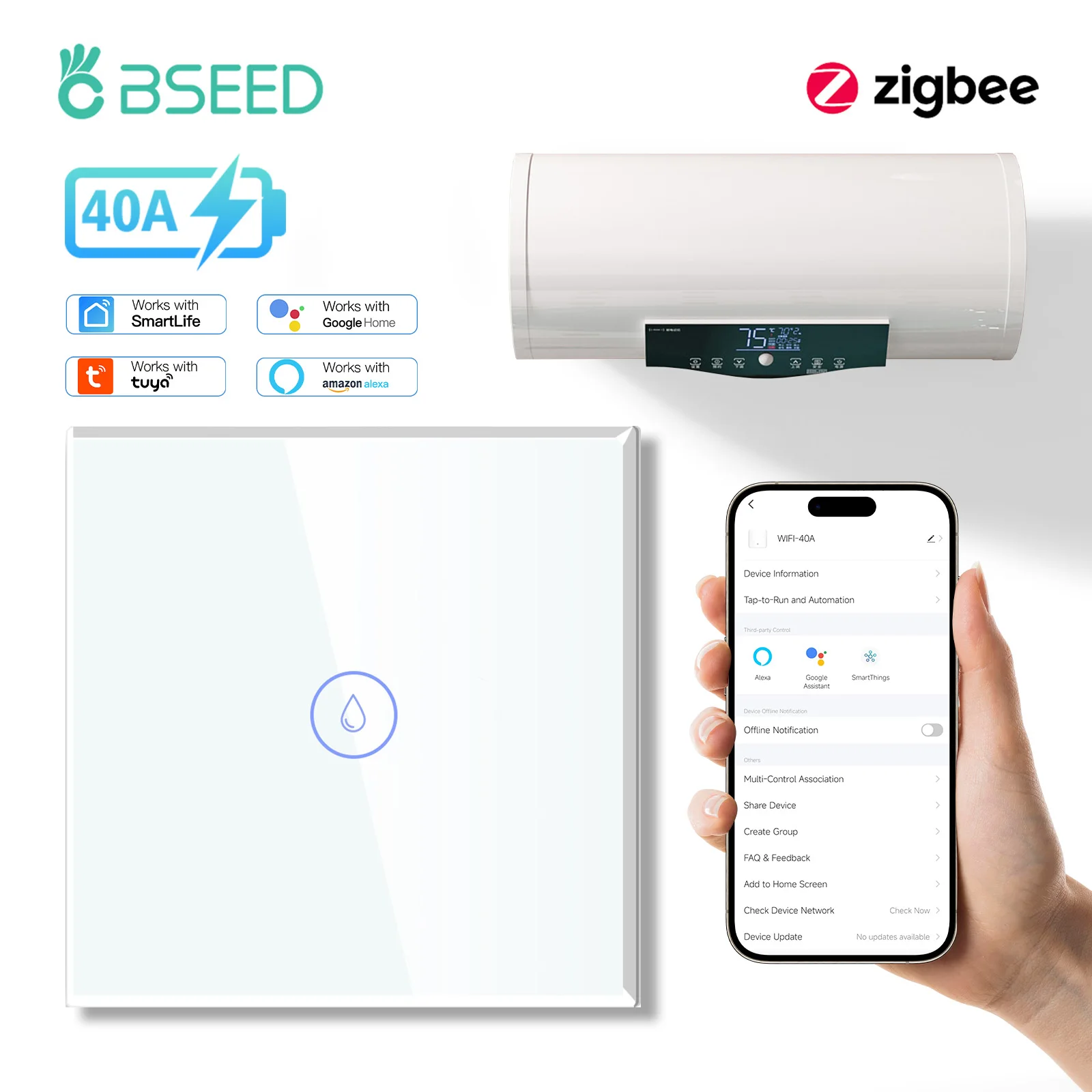 BSEED Zigbee Smart Boiler Switch 40A Water Heater Smart Life Tuya APP For Alexa Google Home Timing EU Standard Touch Panel