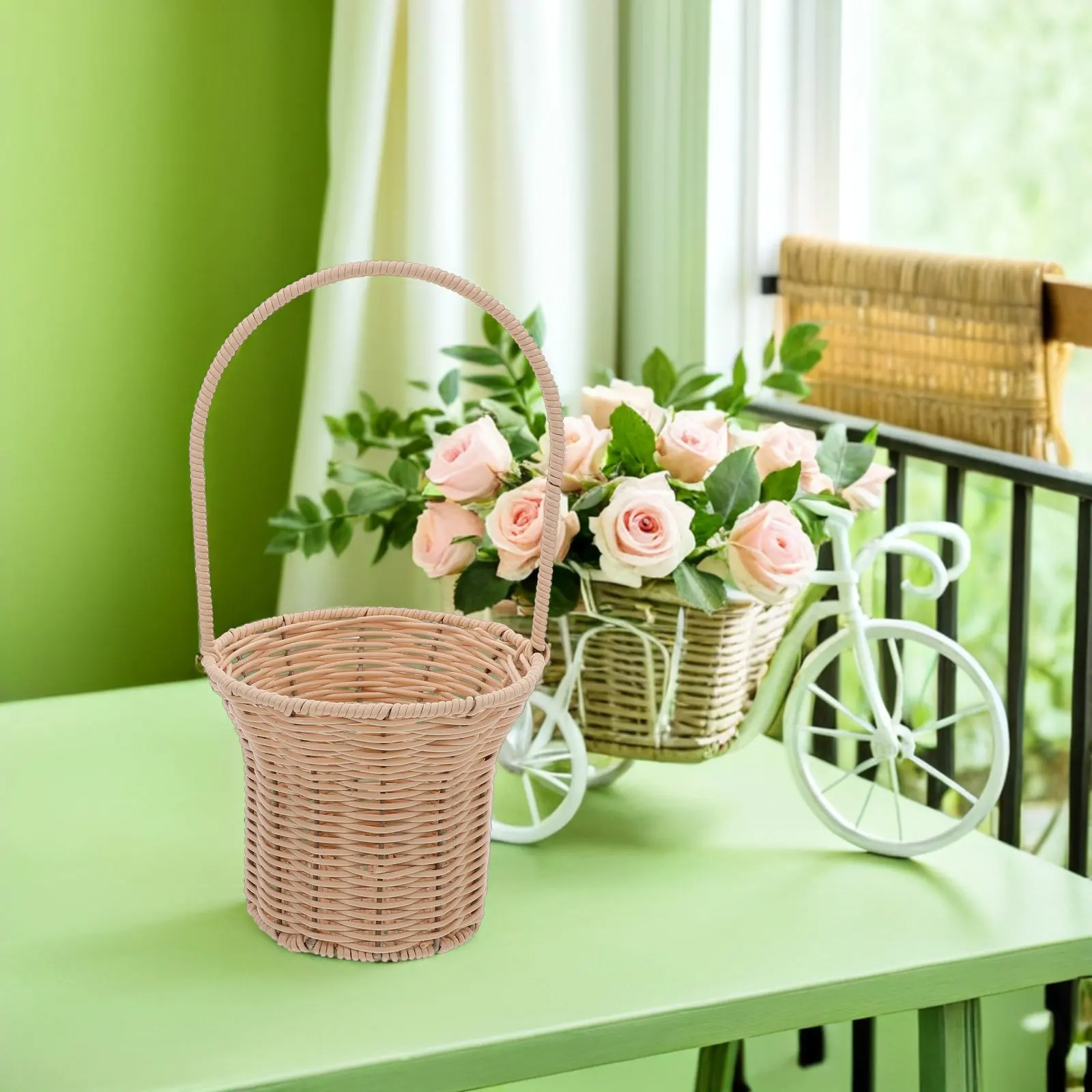 

Rustic Wedding Flower Basket Imitation Wicker Rattan Lightweight Easy Clean Versatile Use for Bouquet Petals Candy Picnic