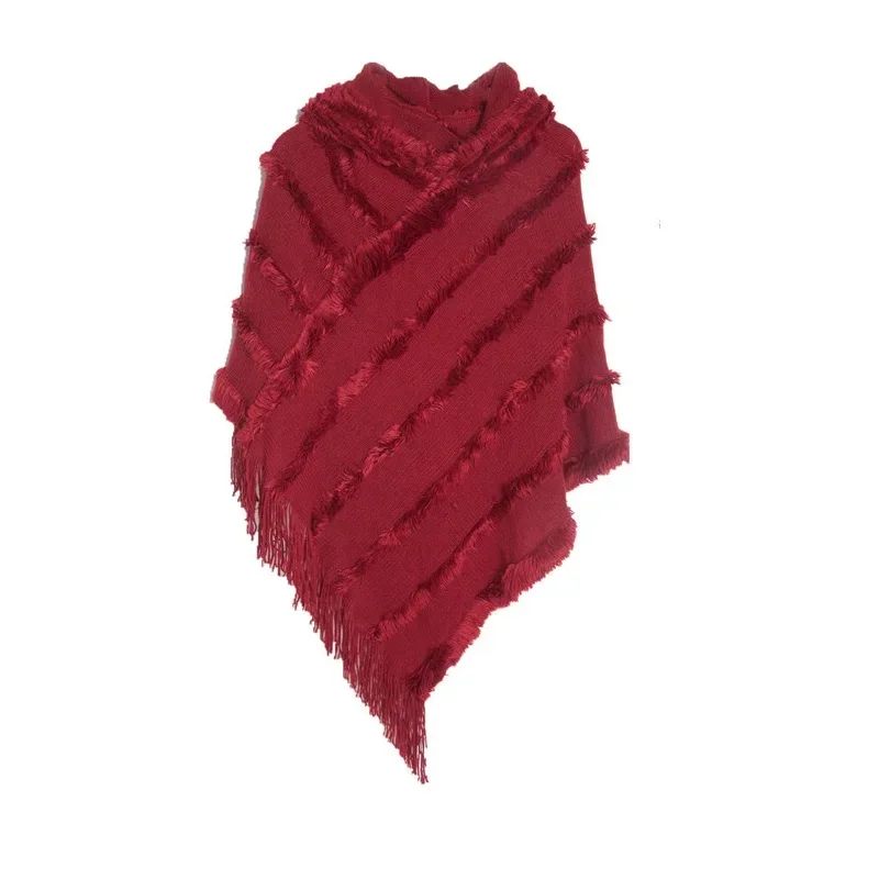 

Autumn Winter Women Solid Color Hooded Imitation Sweater Knitted Pullover Fashion Street Poncho Lady Capes Red Cloaks