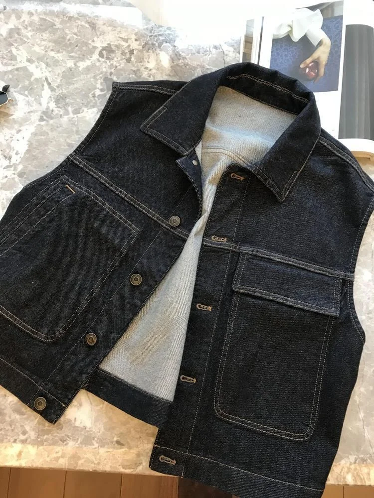 

Faionable ort Denim Vest Women's Clothing Layering Sle Age-Defng Micro-ape Spring 2023 Season No Sve Flip Collar