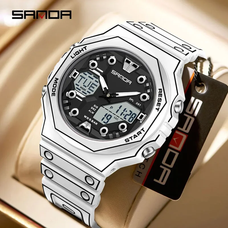 SANDA Military Outdoor Sport Dual Display Quartz Watch LED Luminous 5Bar Waterproof Stopwatch Countdown Multifunction Men Watch