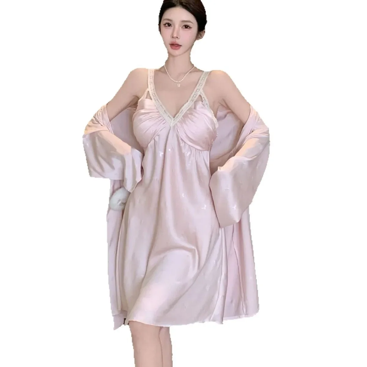 Twinset Abito con cinturino Camicia da notte Indumenti da notte femminili Lingerie Patchwork di pizzo Kimono Accappatoio Set Tentazione estiva Indumenti da notte