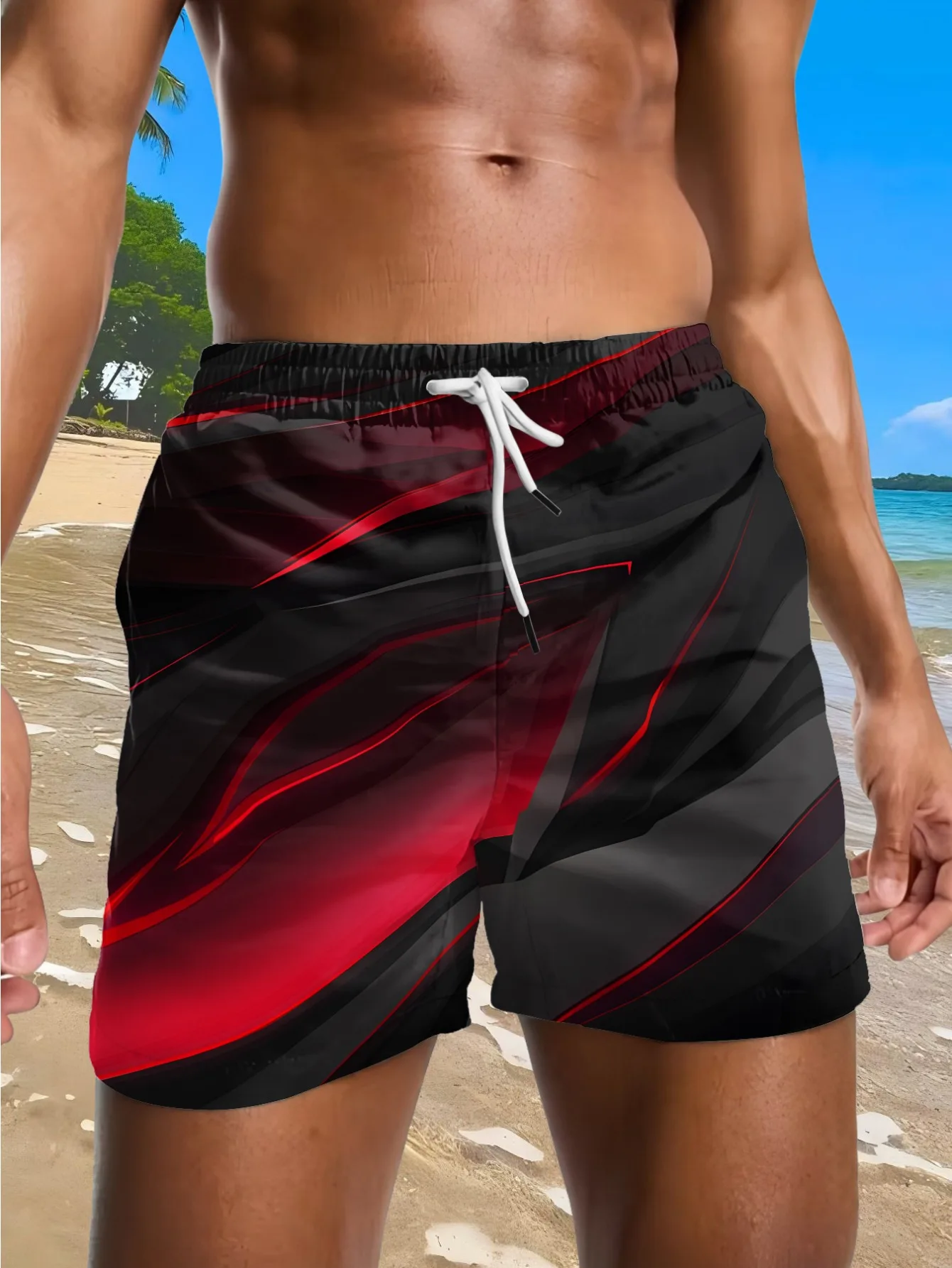 Summer Men's Shorts: Flame Glow Print Beach Pants Featuring a Red-black Gradient with Shimmering Lines. Eye-catching Drawstring