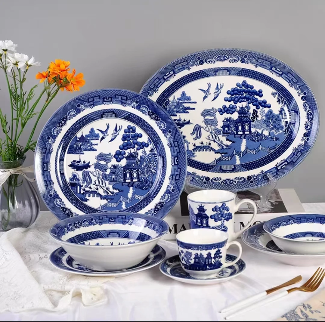 

The Blue Willow Dinner Set Elegant England Style Ware Ceramic Breakfast Plate Beef Dishes Dessert Dish Soup Bowl