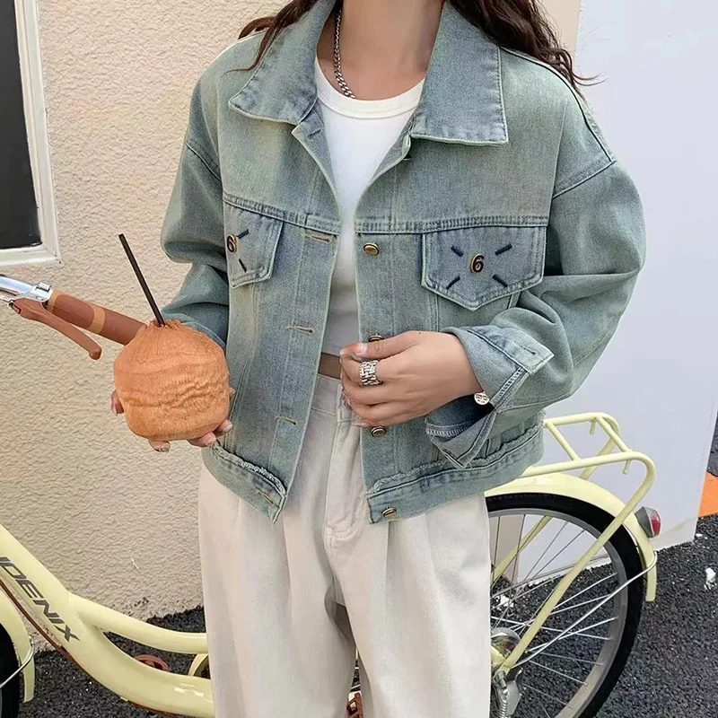 

Весенне-осенняя новая женская джинсовая куртка в стиле ретро с бахромой, простой дизайн с лацканами, женское короткое пальто