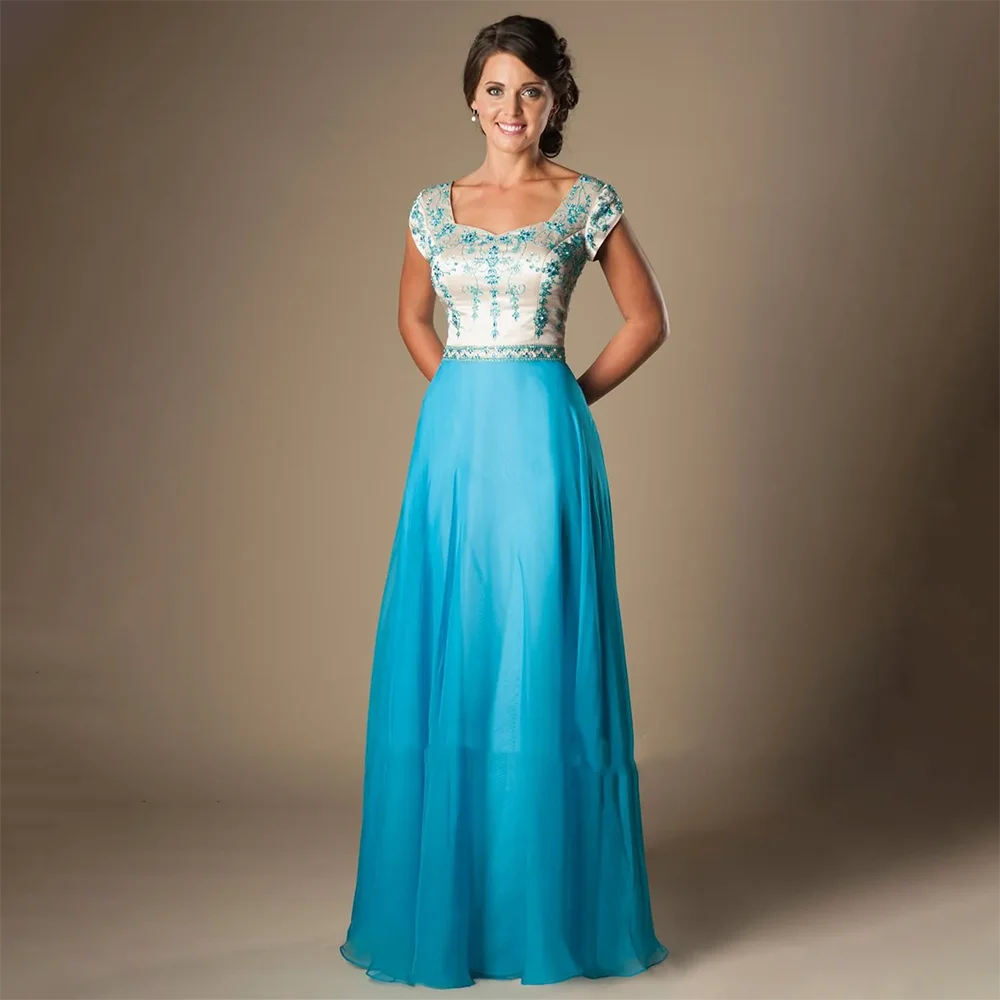 Blue Embroidery Chiffon Long Modest Prom Dresses With Cap Sleeves Beaded A-line Summer High School Formal Party Dresses