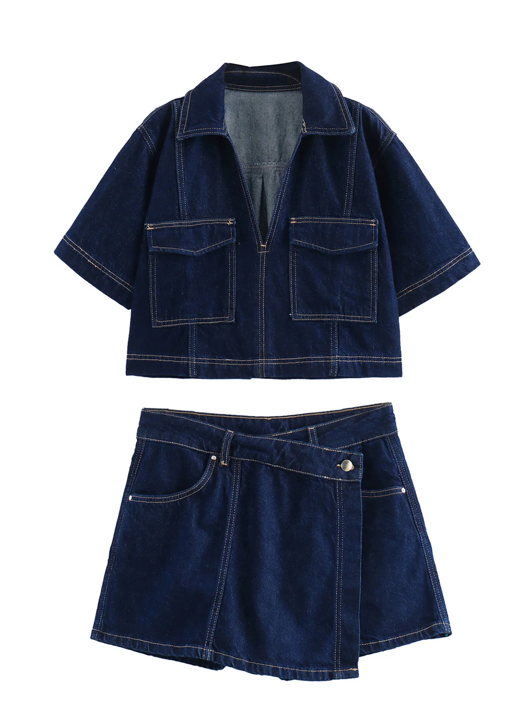 Summer Denim Co Ord Sets Short Sleeve Crop Top And Front Wrap Style High Waist Skort Two Piece Set Women Outfit 2024 Shorts Sets