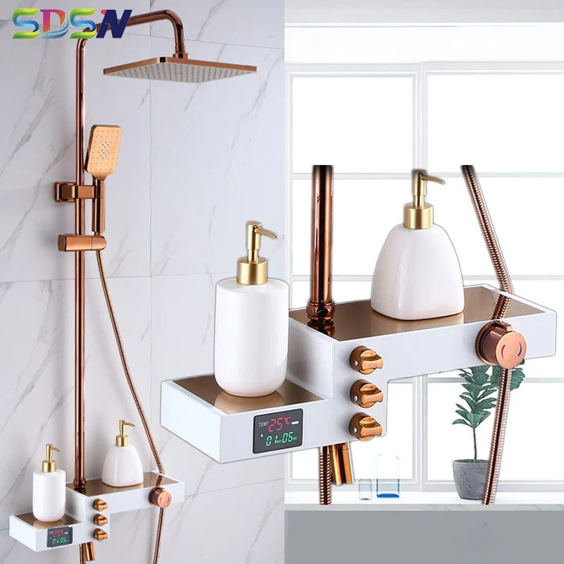 Rose Gold Hot Cold Digital Bathroom Shower Set Quality Brass Bathtub Mixer Faucet Rainfall Shower Head Thermostatic Shower Set