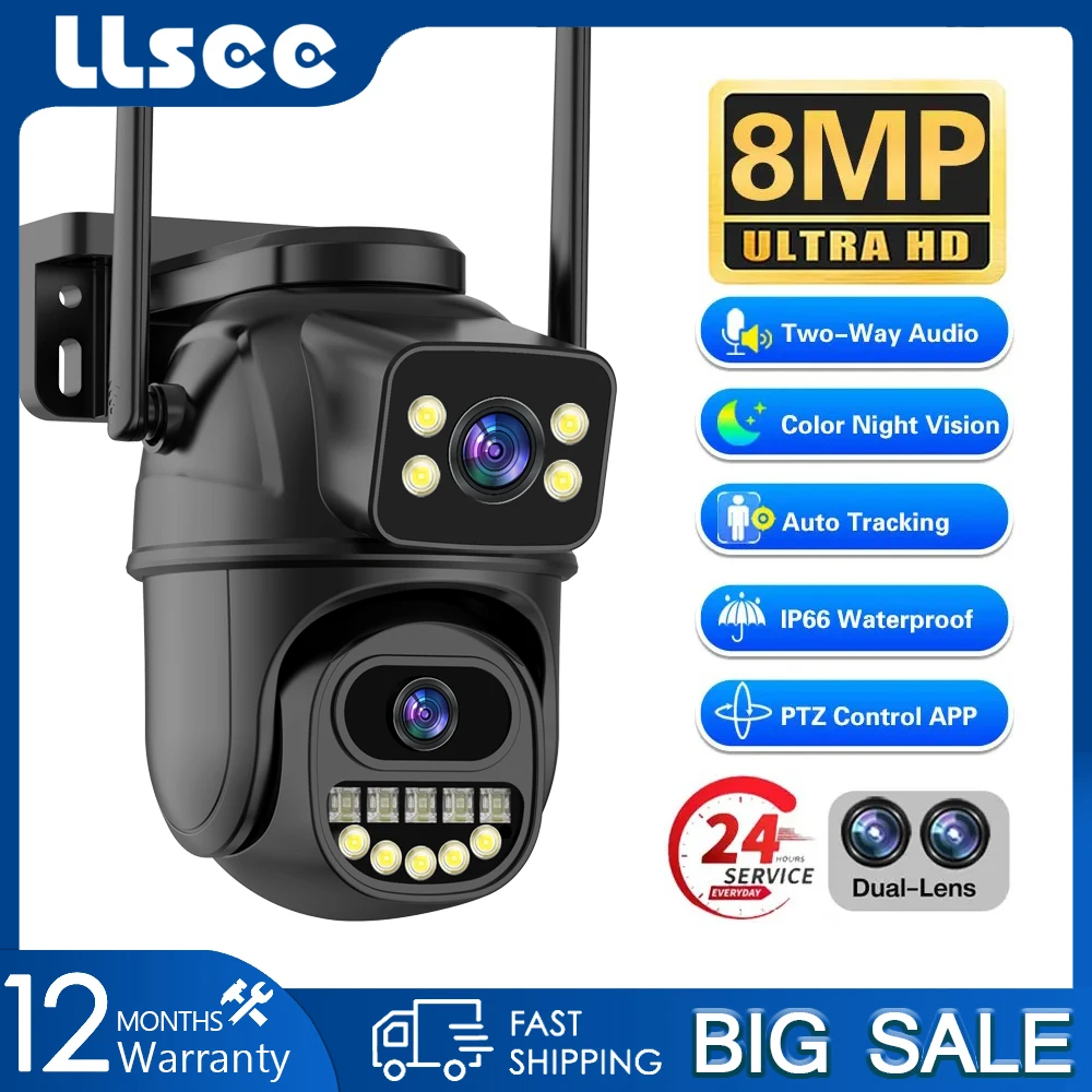 LLSEE 4K 8MP wireless outdoor WIFI phone connection, CCTV 360 IP security camera, waterproof pan tilt monitoring, full-color