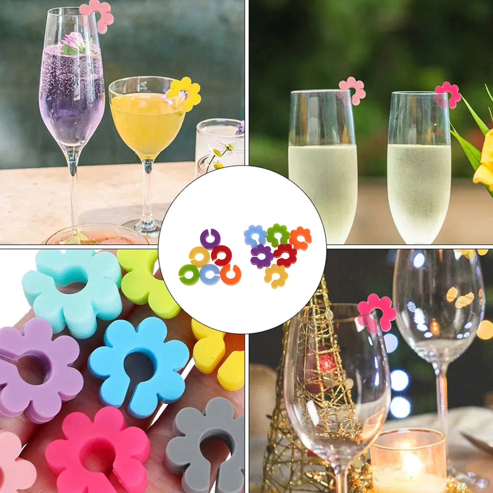 

12 Pcs Wine Glass Charms Markers Round Flower Shape Wine Glass Recognition Ring Tags Party Weddings Bar Banquet Supplies