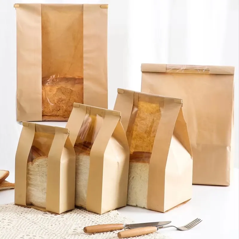 500Pcs Large Kraft Paper Bread Loaf Bag with Clear Front Window,Tin Tie Tab Lock Brown Bakery Coffee Cookie Treat Packaging Bags