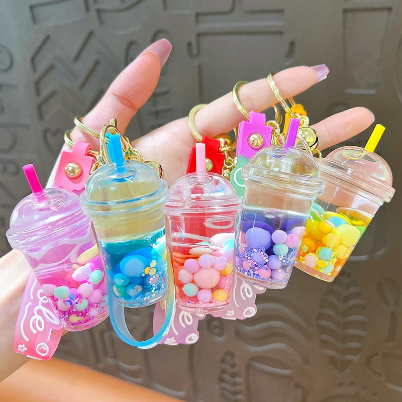 Cute Liquid Pearl Milk Tea Cup Key Chain Creative Quicksand Floating Jelly Bean Keyring Backpack Pendant Keychain Gift For Women