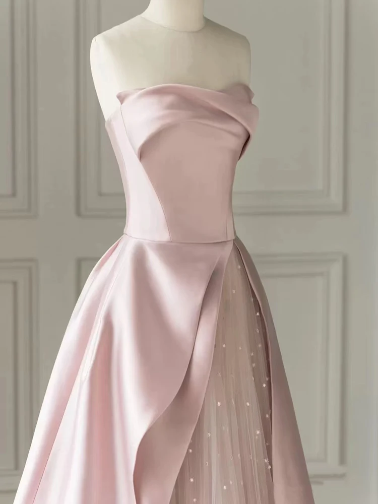 Pink Strapless Evening Dress Celebrity Banquet Party Dress Light Luxury Costume Engagement Dress Pink Patchwork Strapless Gown