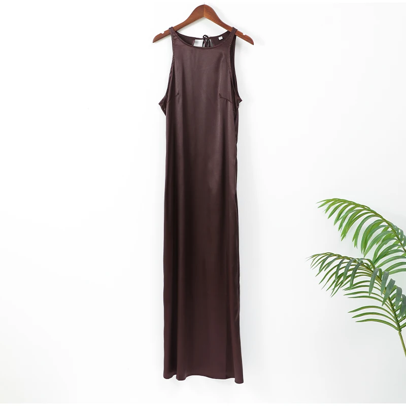 Women Elegant Solid Satin Fit Maxi Dress Casual Round Neck Sleeveless Off Shoulder Slim Dresses 2024 New Lady Commute Streetwear